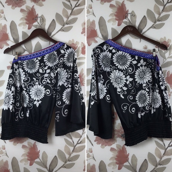 ICE One Shoulder Asymmetrical Purple Sequins White Floral Black Top Medium - Picture 12 of 16